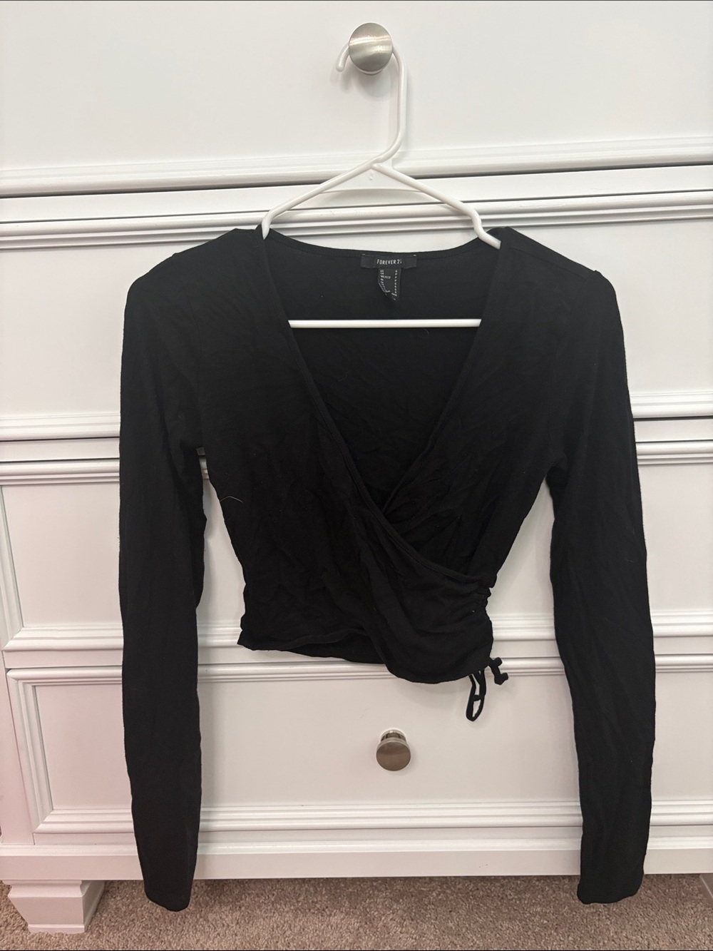 Black Long-Sleeve Wrap Crop Top with Side Tie